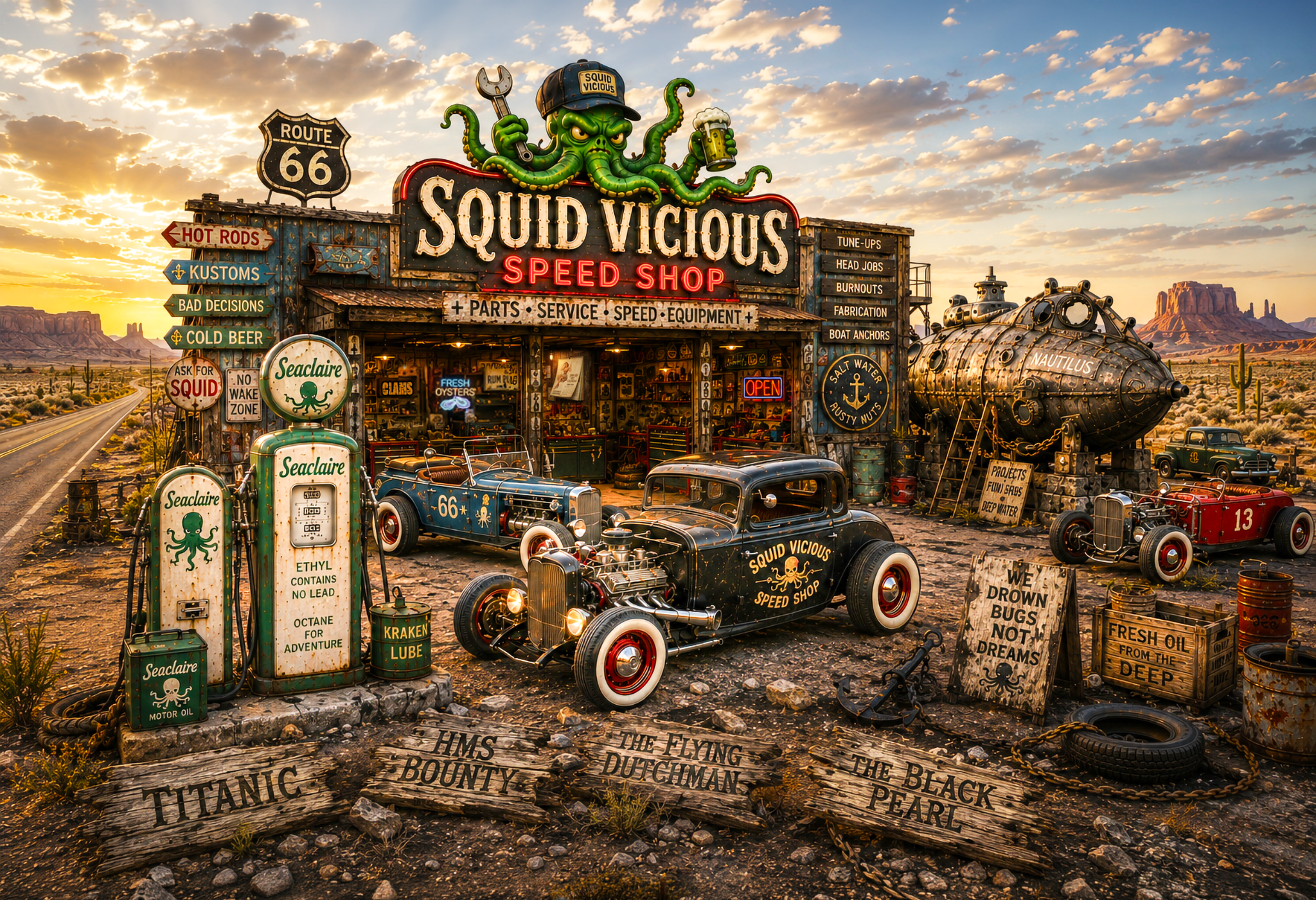 Squid Vicious Speed Shop on Route 66, with hot rods and the Nautilus